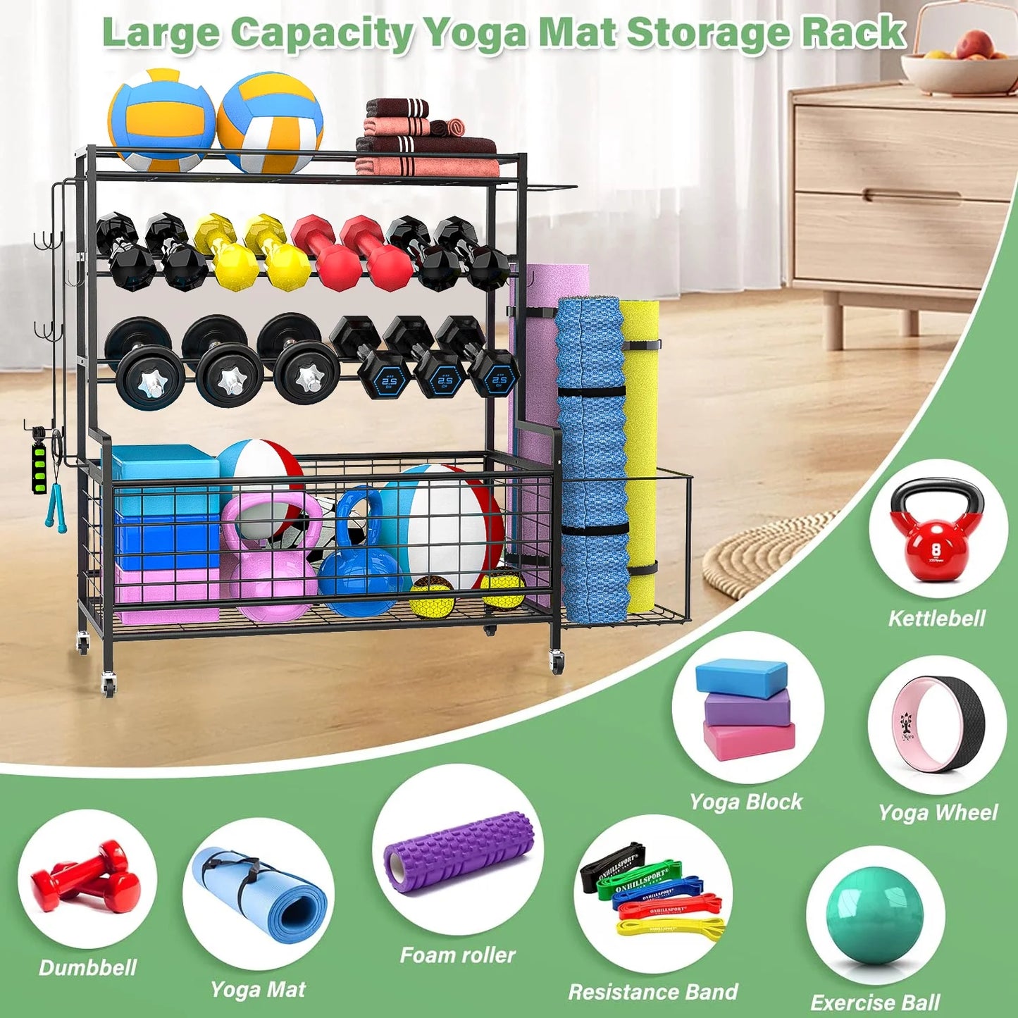 Dumbbell Rack, Balls Workout Equipment Storage Organizer Yoga Mat with Hooks and Wheels